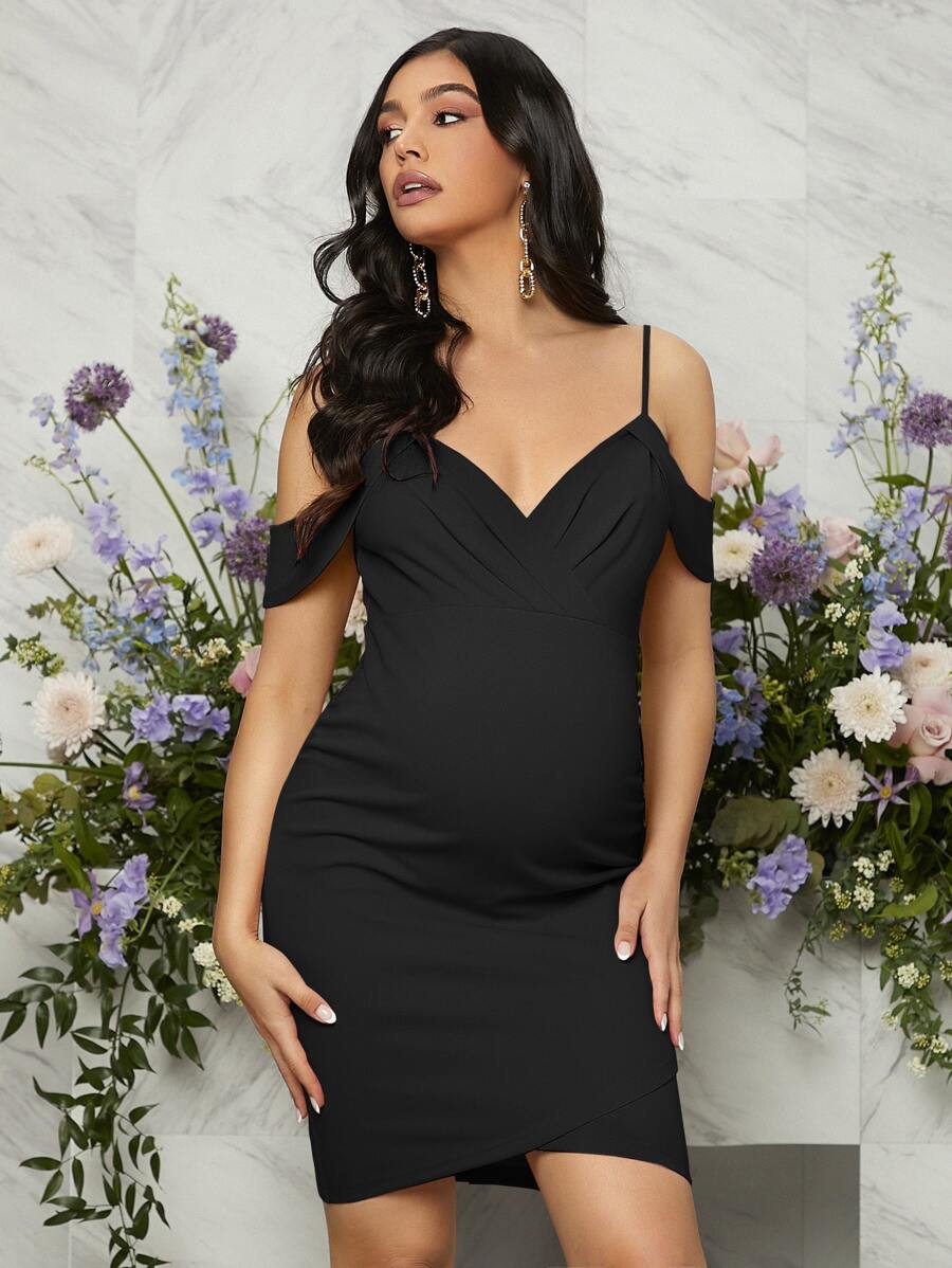 SHEIN Maternity Cold Shoulder Wrap Hem Bodycon Dress - Black - View 1