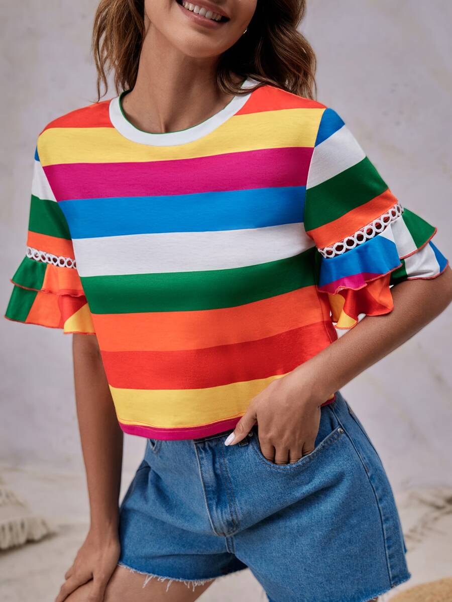 SHEIN Unity 撞色荷葉袖T恤 - 彩色 - 查看 1