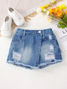 SHEIN Young Girl Toddler Girls Ripped Raw Hem Bleach Wash Denim Skort - Medium Wash - View 1