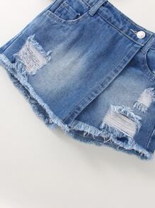 SHEIN Young Girl Toddler Girls Ripped Raw Hem Bleach Wash Denim Skort - Medium Wash - View 6