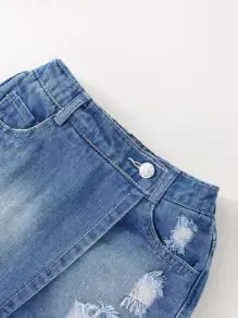 SHEIN Young Girl Toddler Girls Ripped Raw Hem Bleach Wash Denim Skort - Medium Wash - View 7