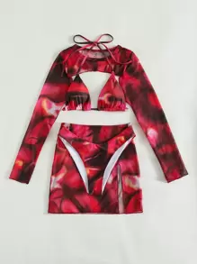 Swim SXY Summer Beach Allover Print Halter Triangle Bikini Set With Cover Up Set - Multicolor - View 4