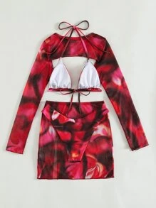 Swim SXY Summer Beach Allover Print Halter Triangle Bikini Set With Cover Up Set - Multicolor - View 6