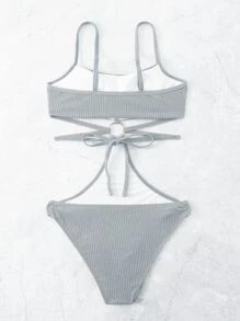 環鏈鏤空連體泳衣 - 淺灰色 - 查看 2