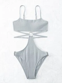 環鏈鏤空連體泳衣 - 淺灰色 - 查看 4