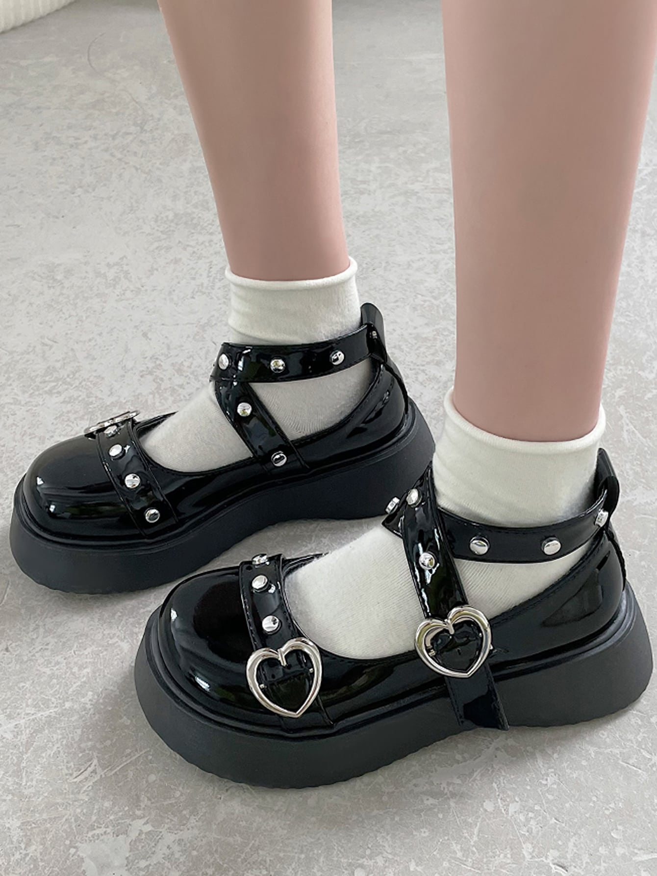 Our Heart Buckle & Studded Decor Flatform Mary Jane Shoes is such