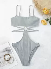 環鏈鏤空連體泳衣 - 淺灰色 - 查看 6