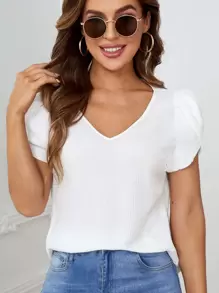 SHEIN Petal Sleeve V Neck Blouse - White - View 1