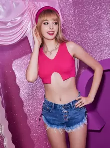 ROMWE Solid Cut Out Knit Top - Hot Pink - View 2