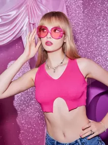 ROMWE Solid Cut Out Knit Top - Hot Pink - View 4