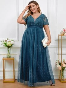 SHEIN Belle 大碼蕾絲拼接網紗伴娘洋裝 - 水鴨藍 - 查看 5