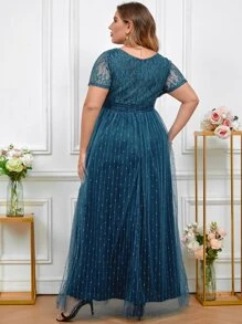 SHEIN Belle 大碼蕾絲拼接網紗伴娘洋裝 - 水鴨藍 - 查看 4