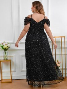 SHEIN Belle Plus Star Pattern Applique Cold Shoulder Mesh Dress - Black - View 3