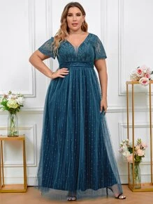 SHEIN Belle 大碼蕾絲拼接網紗伴娘洋裝 - 水鴨藍 - 查看 3