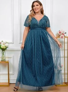 SHEIN Belle 大碼蕾絲拼接網紗伴娘洋裝 - 水鴨藍 - 查看 7