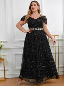 SHEIN Belle Plus Star Pattern Applique Cold Shoulder Mesh Dress - Black - View 5