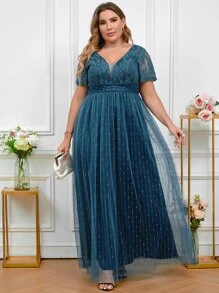 SHEIN Belle 大碼蕾絲拼接網紗伴娘洋裝 - 水鴨藍 - 查看 2