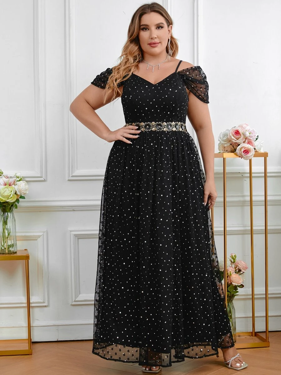 SHEIN Belle Plus Star Pattern Applique Cold Shoulder Mesh Dress - Black - View 1