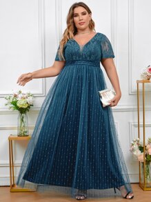 SHEIN Belle 大碼蕾絲拼接網紗伴娘洋裝 - 水鴨藍 - 查看 1