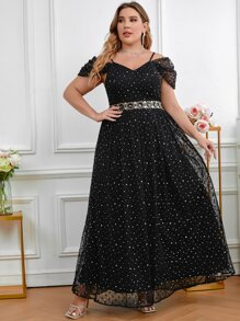 SHEIN Belle Plus Star Pattern Applique Cold Shoulder Mesh Dress - Black - View 6