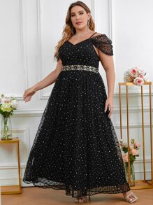 SHEIN Belle Plus Star Pattern Applique Cold Shoulder Mesh Dress - Black - View 7