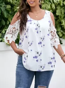 SHEIN LUNE Plus Butterfly & Floral Print Contrast Guipure Lace Cold Shoulder Blouse - White - View 1