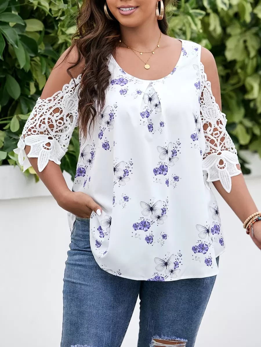 SHEIN LUNE Plus Butterfly & Floral Print Contrast Guipure Lace Cold Shoulder Blouse - White - View 1