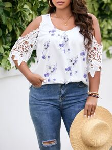 SHEIN LUNE Plus Butterfly & Floral Print Contrast Guipure Lace Cold Shoulder Blouse - White - View 3