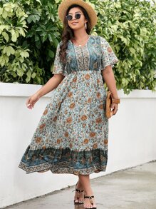 SHEIN Holidaya Đầm Plus Size Viên lá sen Hoa Tất cả trên in Boho - Nhiều màu - Xem 3