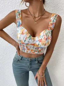 Floral Print Crop Bustier Top - Multicolor - View 1