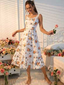 SHEIN VCAY Random Floral Print Contrast Lace Shirred Back Ruffle Hem Cami Dress - White - View 5