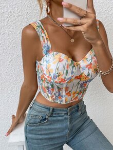 Floral Print Crop Bustier Top - Multicolor - View 3
