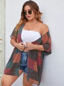 SHEIN Swim Curve Plus Patchwork Print Open Front Kimono - Multicolor - View 1