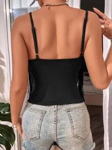 SHEIN VCAY Summer Beach Women Solid Fringe Trim V Neck Cami Bodycon Top - Black - View 2