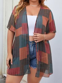 SHEIN Swim Curve Plus Patchwork Print Open Front Kimono - Multicolor - View 3