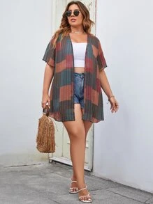 SHEIN Swim Curve Plus Patchwork Print Open Front Kimono - Multicolor - View 4