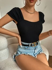 SHEIN Tall Square Neck Ruched Tee - Black - View 1