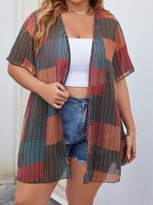 SHEIN Swim Curve Plus Patchwork Print Open Front Kimono - Multicolor - View 5