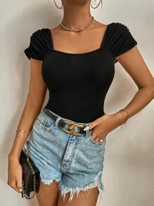 SHEIN Tall Square Neck Ruched Tee - Black - View 3