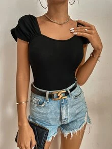 SHEIN Tall Square Neck Ruched Tee - Black - View 4