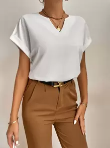 SHEIN Tall Notched Neck Batwing Sleeve Popover Blouse - White - View 3