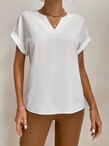 SHEIN Tall Notched Neck Batwing Sleeve Popover Blouse - White - View 5