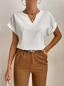 SHEIN Tall Notched Neck Batwing Sleeve Popover Blouse - White - View 6