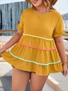 SHEIN Unity 大碼撞色滾邊荷葉邊襯衫 - 黃色 - 查看 1