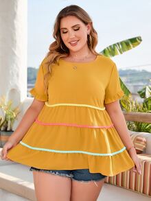 SHEIN Unity 大碼撞色滾邊荷葉邊襯衫 - 黃色 - 查看 3