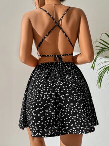 SHEIN PETITE 紙屑愛心圖案交叉後背繫帶吊帶連衣裙 - 黑色 - 查看 2