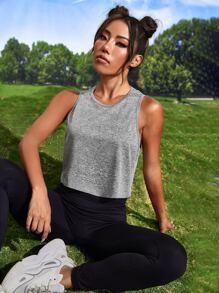 Gameset SHEIN Sport Áo Tees & Tanks  Thể thao Nữ Cắt ra màu trơn - Màu Xám nhạt - Xem 3