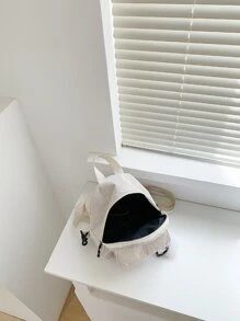 輕便迷你純色燈芯絨背包，帶袋飾書包，適合畢業生、青少年女孩、新生、大二、初中和高中學生、大學和高中，非常適合戶外、旅行和返校 - 米色 - 查看 3