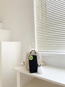 輕便迷你純色燈芯絨背包，帶袋飾書包，適合畢業生、青少年女孩、新生、大二、初中和高中學生、大學和高中，非常適合戶外、旅行和返校 - 米色 - 查看 4