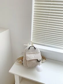 輕便迷你純色燈芯絨背包，帶袋飾書包，適合畢業生、青少年女孩、新生、大二、初中和高中學生、大學和高中，非常適合戶外、旅行和返校 - 米色 - 查看 5